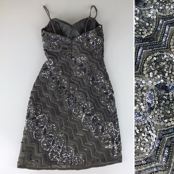 SCALA Sequin Beaded Embellished Chain Metallic Strapless Cocktail Prom Dress 0 - Picture 6 of 10